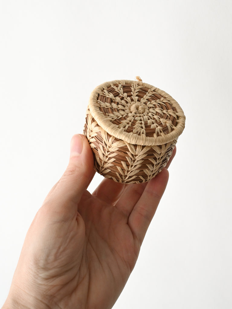 Hand holding a small woven basket against a white background